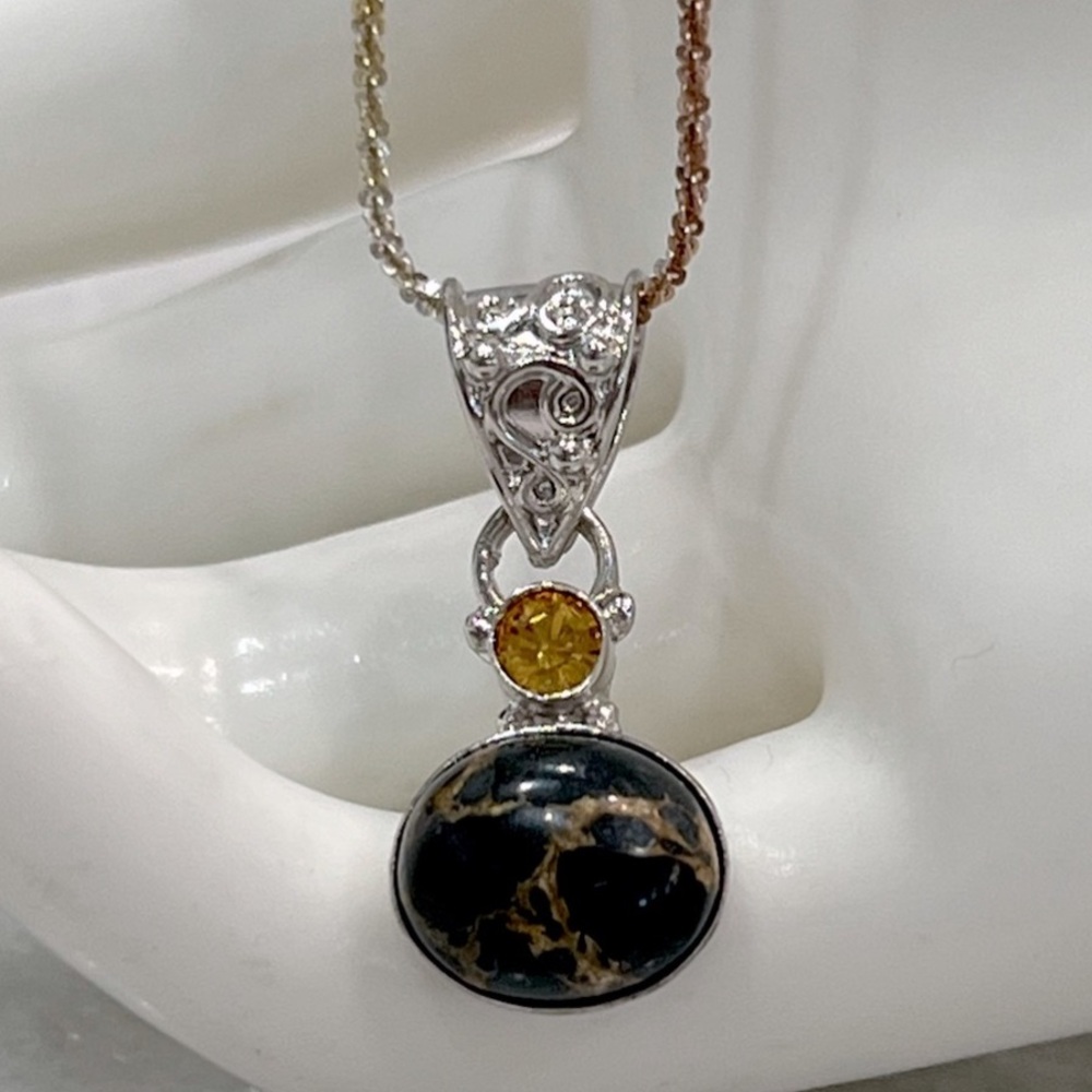 Mojave Black Turquoise with Swarovski Yellow Crystal Silver Pendant 18” Neck…